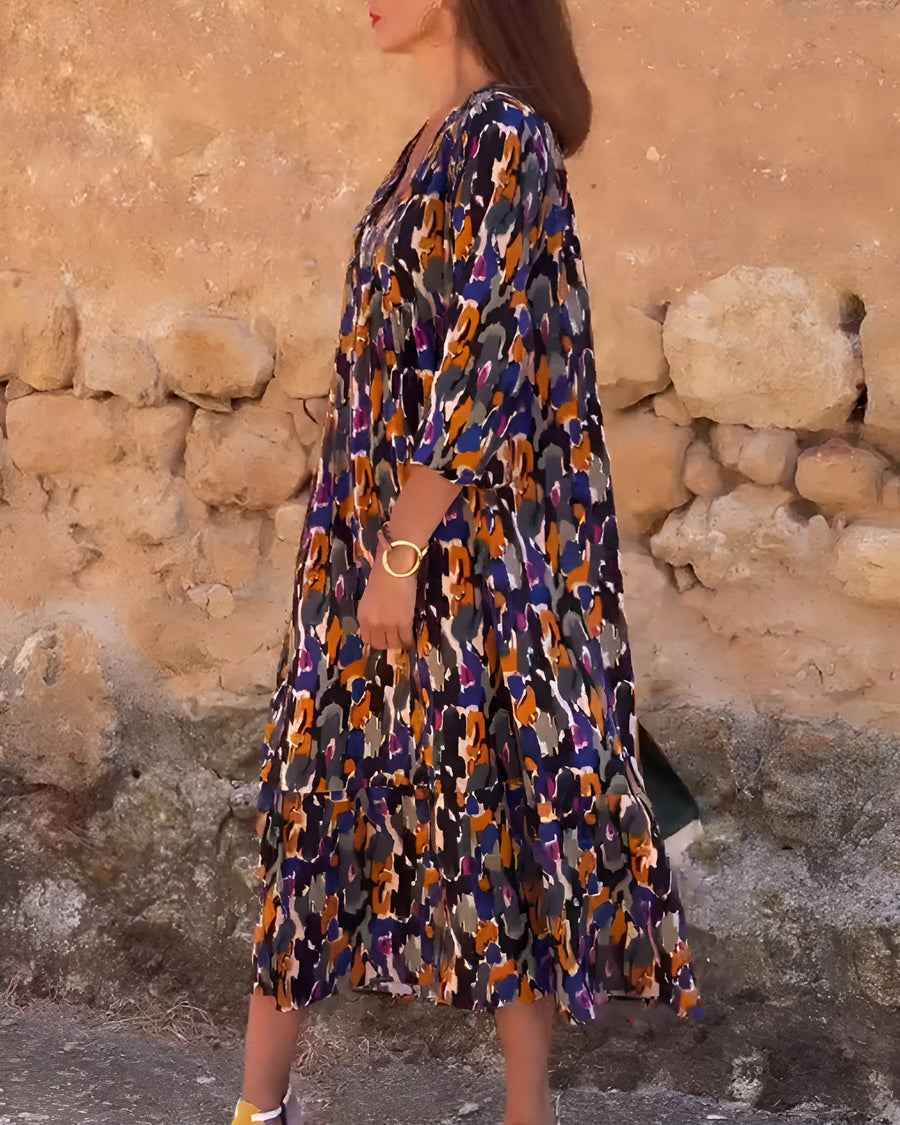 Nathalie Retro Print V-Neck Dress