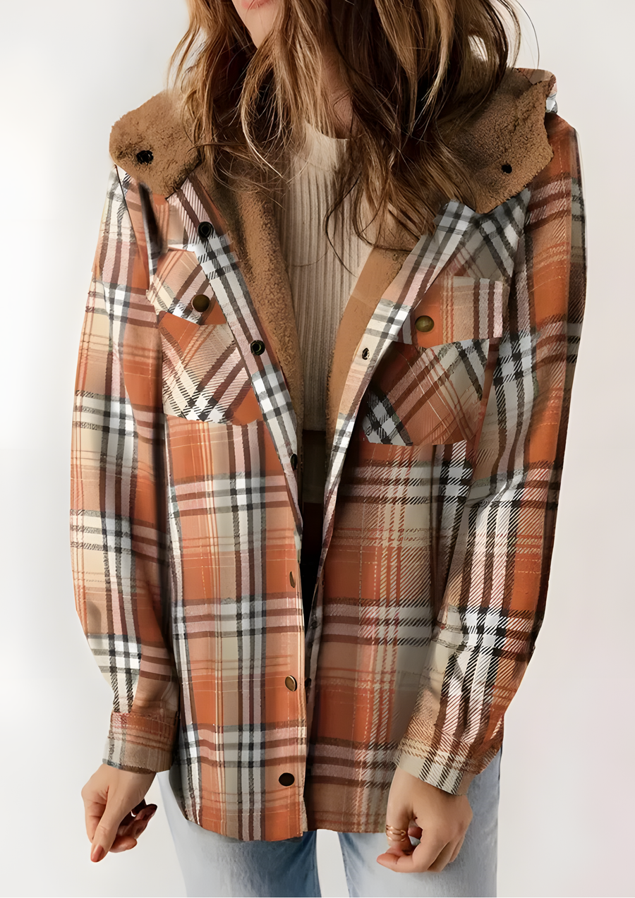 Yseldis Cozy Warm Plaid Fleece-Lined Jacket - Orange