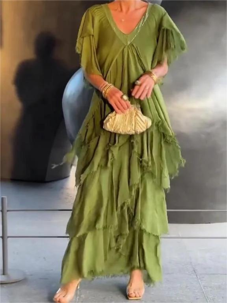 SAVANE | Elegantes, Fließendes Langarmkleid mit V-Ausschnitt