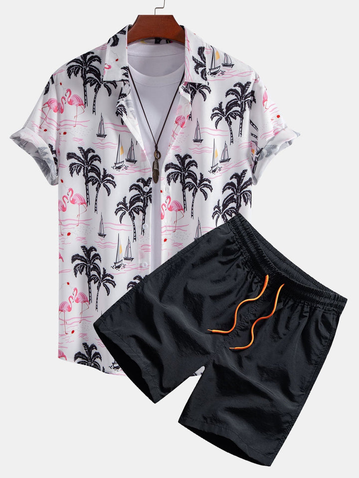 Hemd mit Palmen- und Flamingo-Print & Badehose mit Knopfleiste