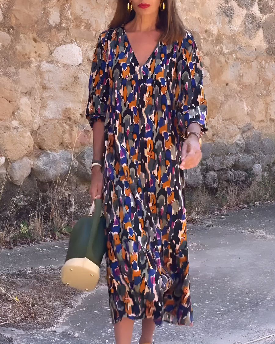 Nathalie V-Neck Retro Print Dress