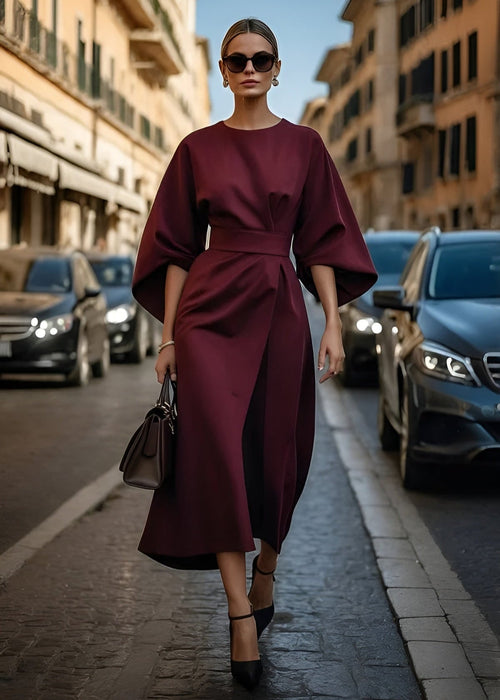 Victoria Elegant Burgundy Dress with Balloon Sleeves
