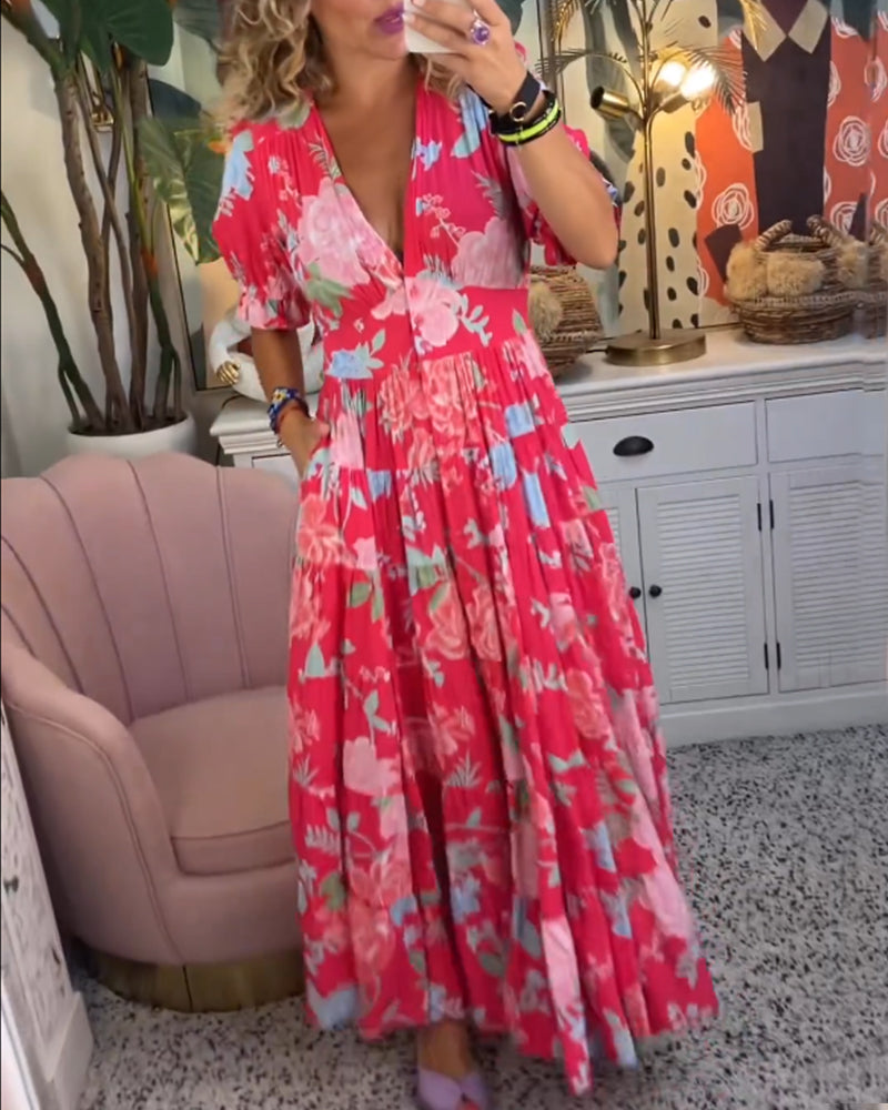 Adelaide - Kleid mit Blumenmuster, V-Ausschnitt und Taschen