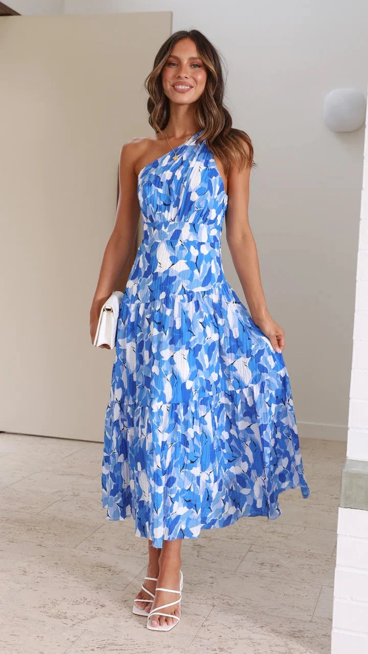 Vanessa | Blaues Midi-Blumenkleid mit einem Schulterfrei
