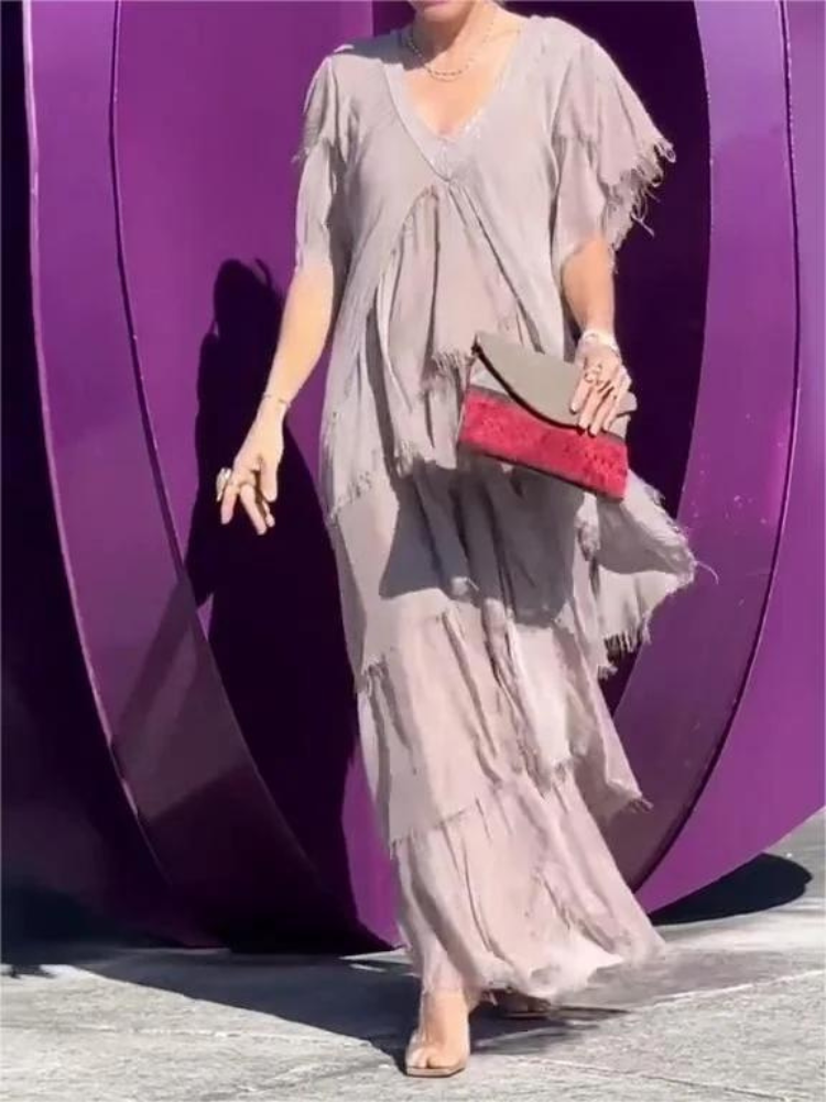 Savane | Elegantes, Fließendes Langarmkleid mit V-Ausschnitt