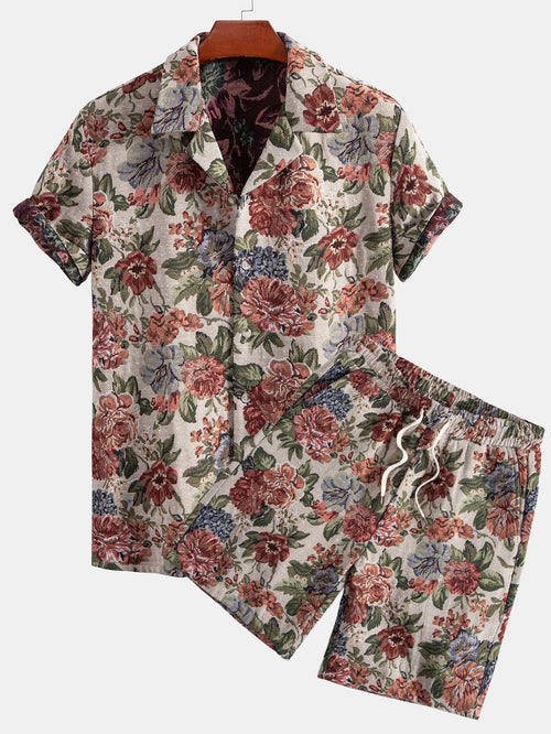 Florales Jacquard-Cuban-Hemd und Shorts