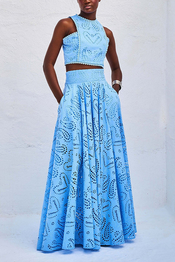Zweiteiliges Set mit Stickereien und langem High-Waist-Rock mit Taschen