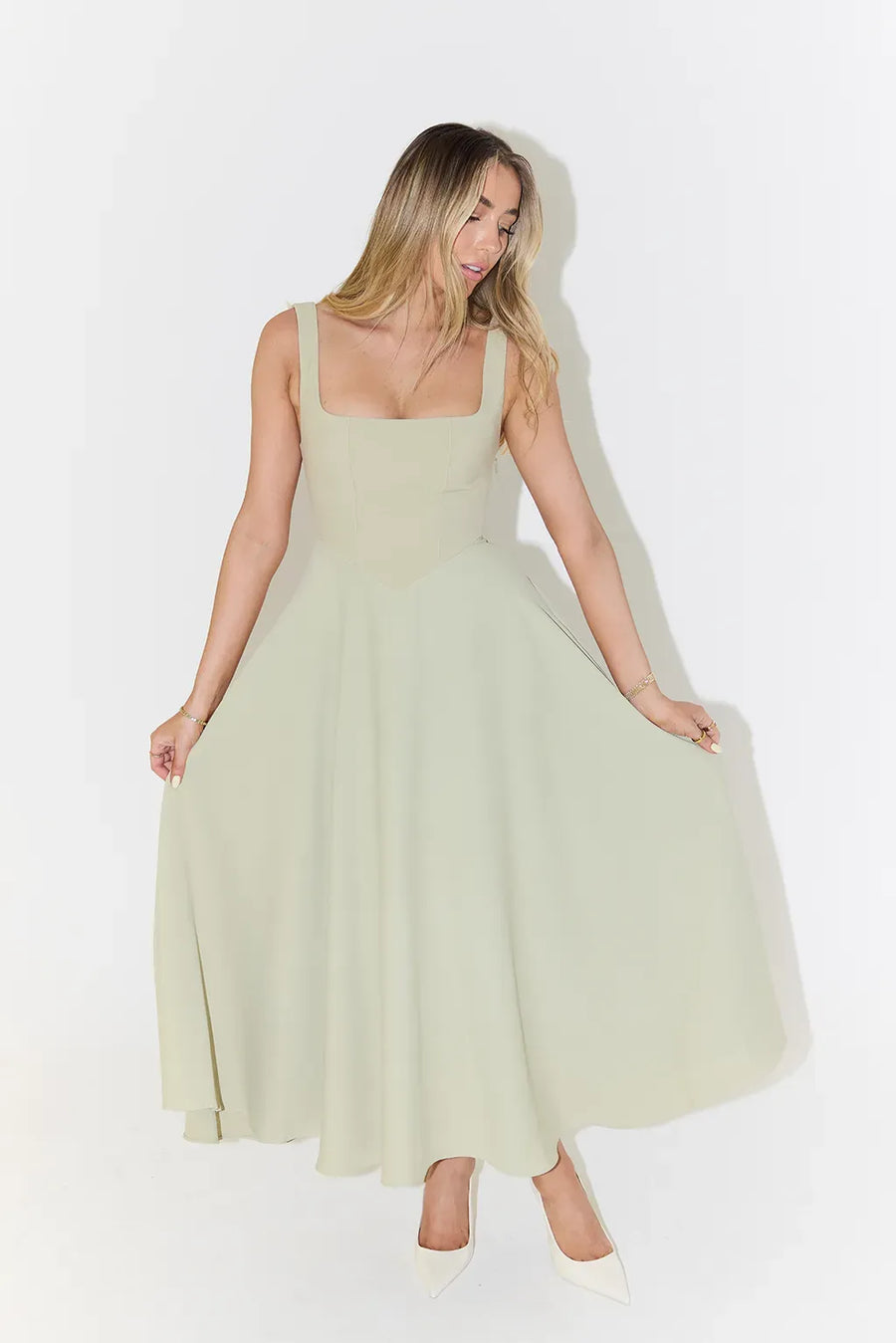 Yara-Belle High-Waist Square-Neck Midi Dress