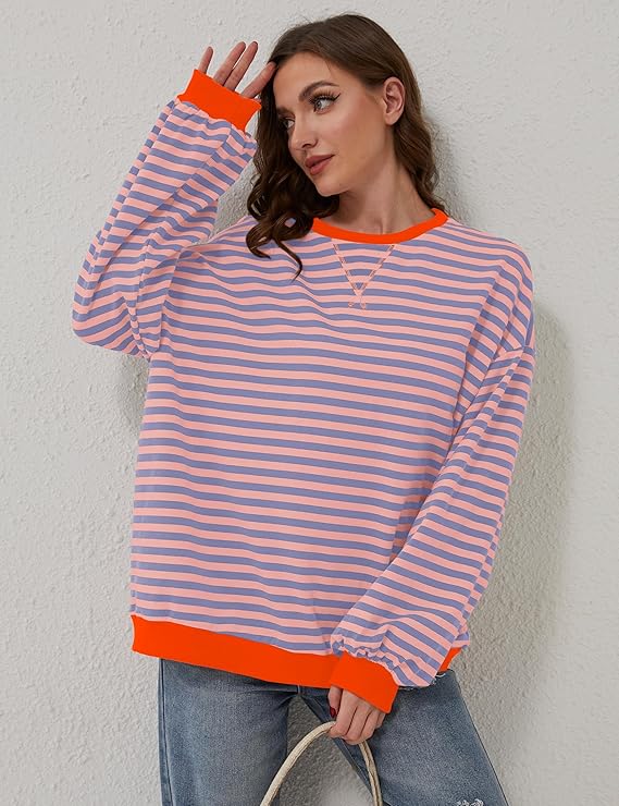 Helen Gestreifter Oversize Pullover mit Küstenflair - Orange / Blau