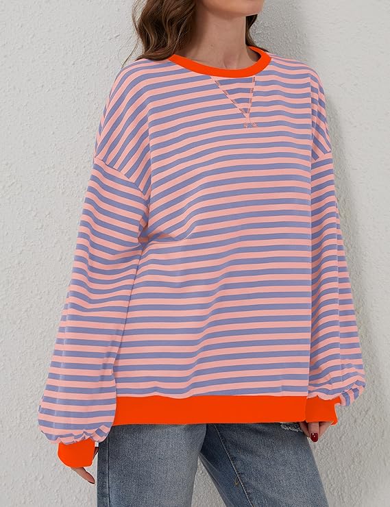 Helen Gestreifter Oversize Pullover mit Küstenflair - Orange / Blau