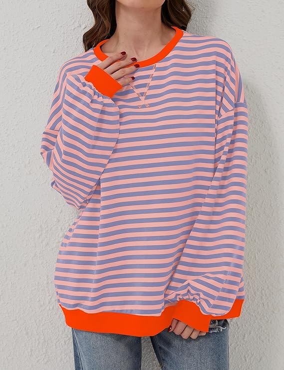 Helen Gestreifter Oversize Pullover mit Küstenflair - Orange / Blau