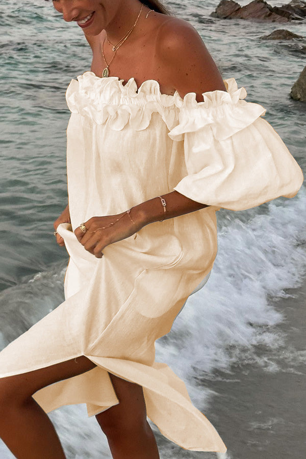 Schulterfreies Midikleid mit voluminösem Volant und Puffärmeln