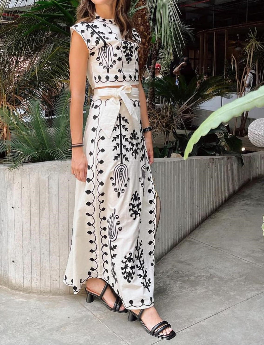 Embroidered Ethnic-Print Crop Top and Wrap Skirt Set