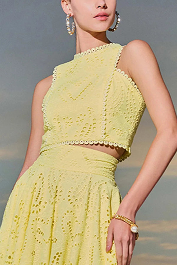 Zweiteiliges Set mit Stickereien und langem High-Waist-Rock mit Taschen