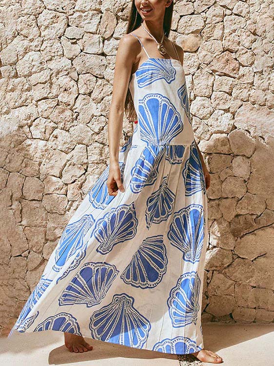Urlaubs-Casual Maxikleid mit Muschelprint und Trägern