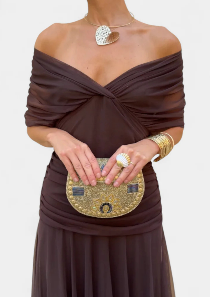 Aure Maxikleid mit Fantasie-Blumenmuster und V-Ausschnitt - Schokolade