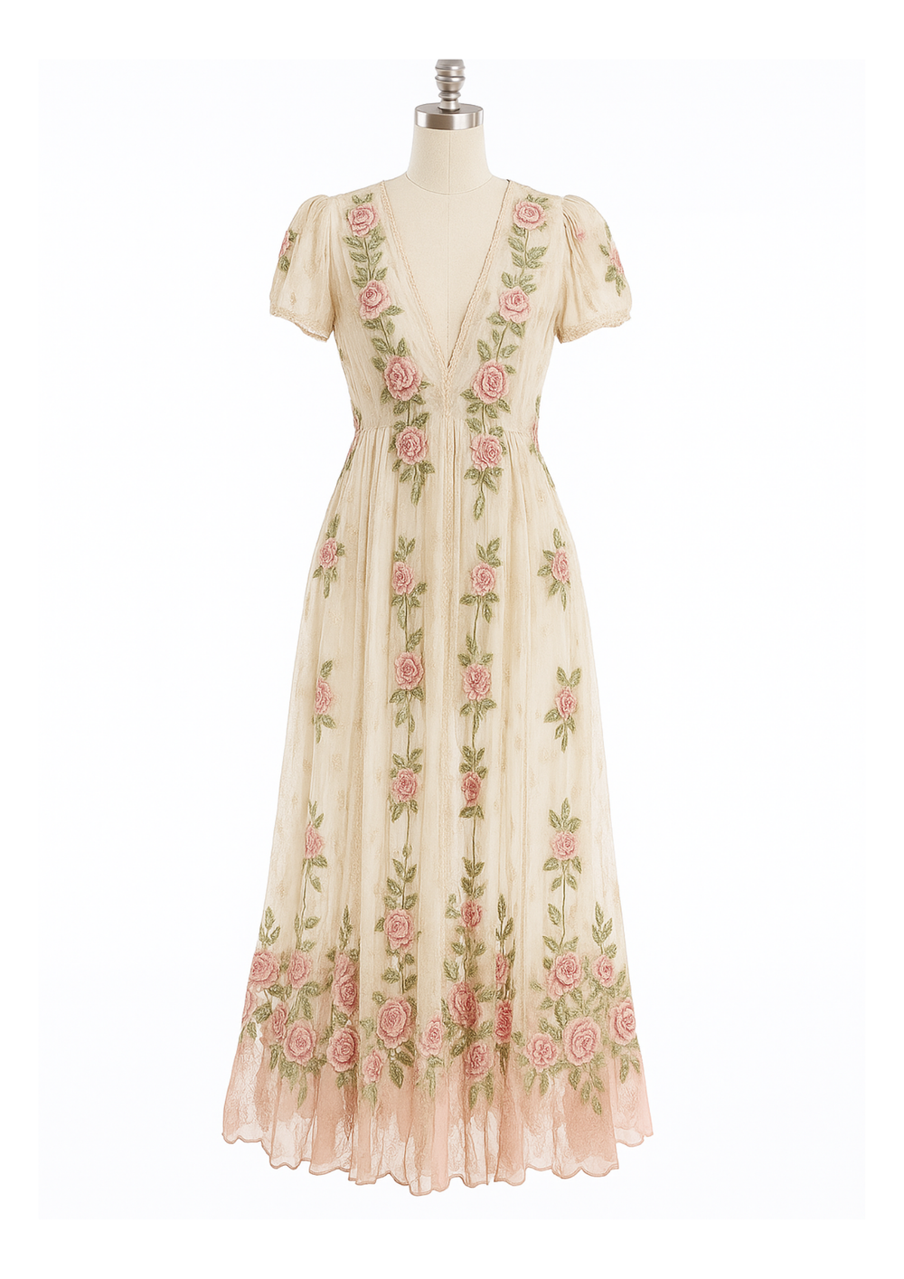 Elowena | Vintage-Leinen-Maxikleid mit floraler Stickerei