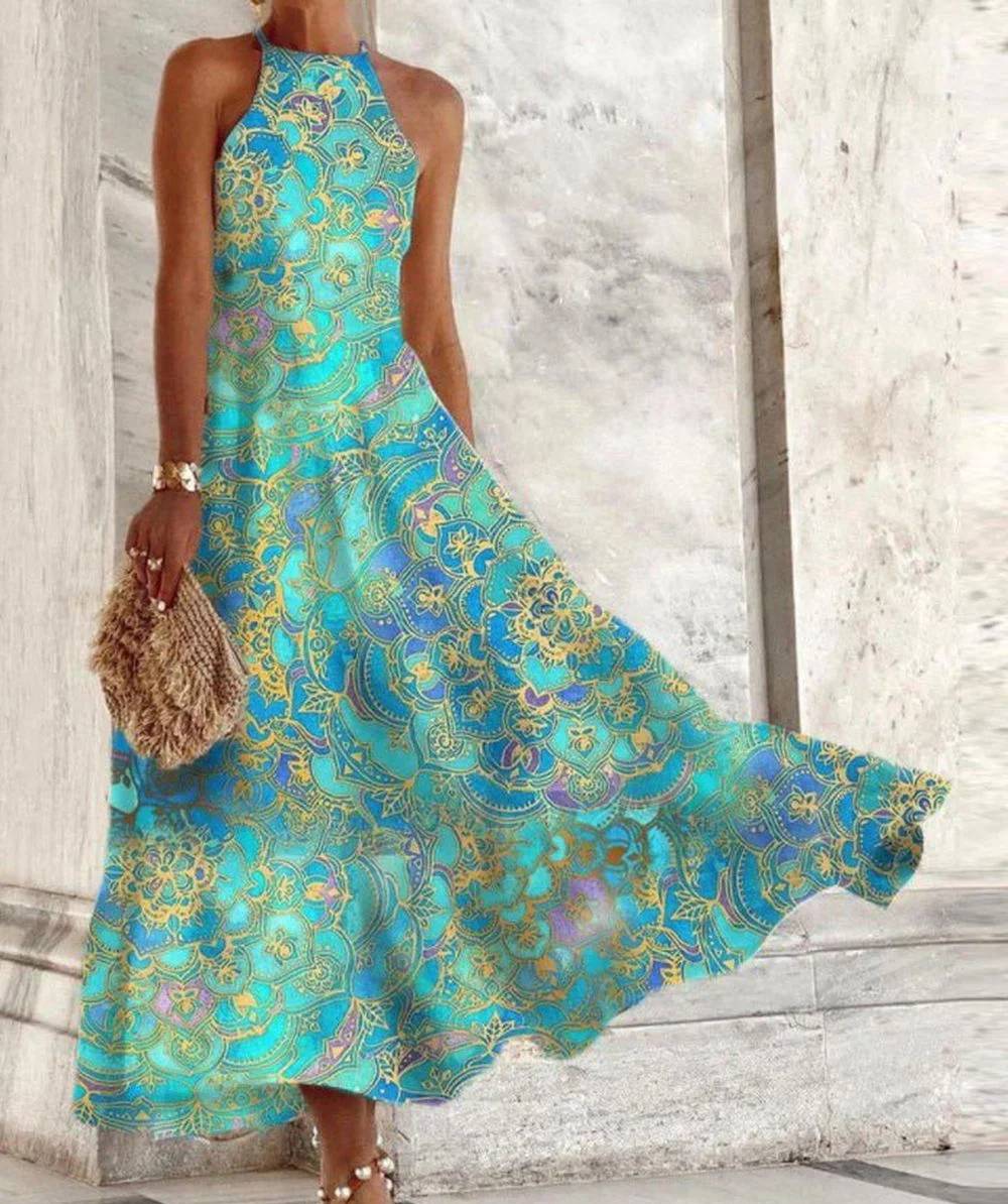 Miriam – Damenkleid, ärmellos, mit Halterkragen und Vintage-Muster