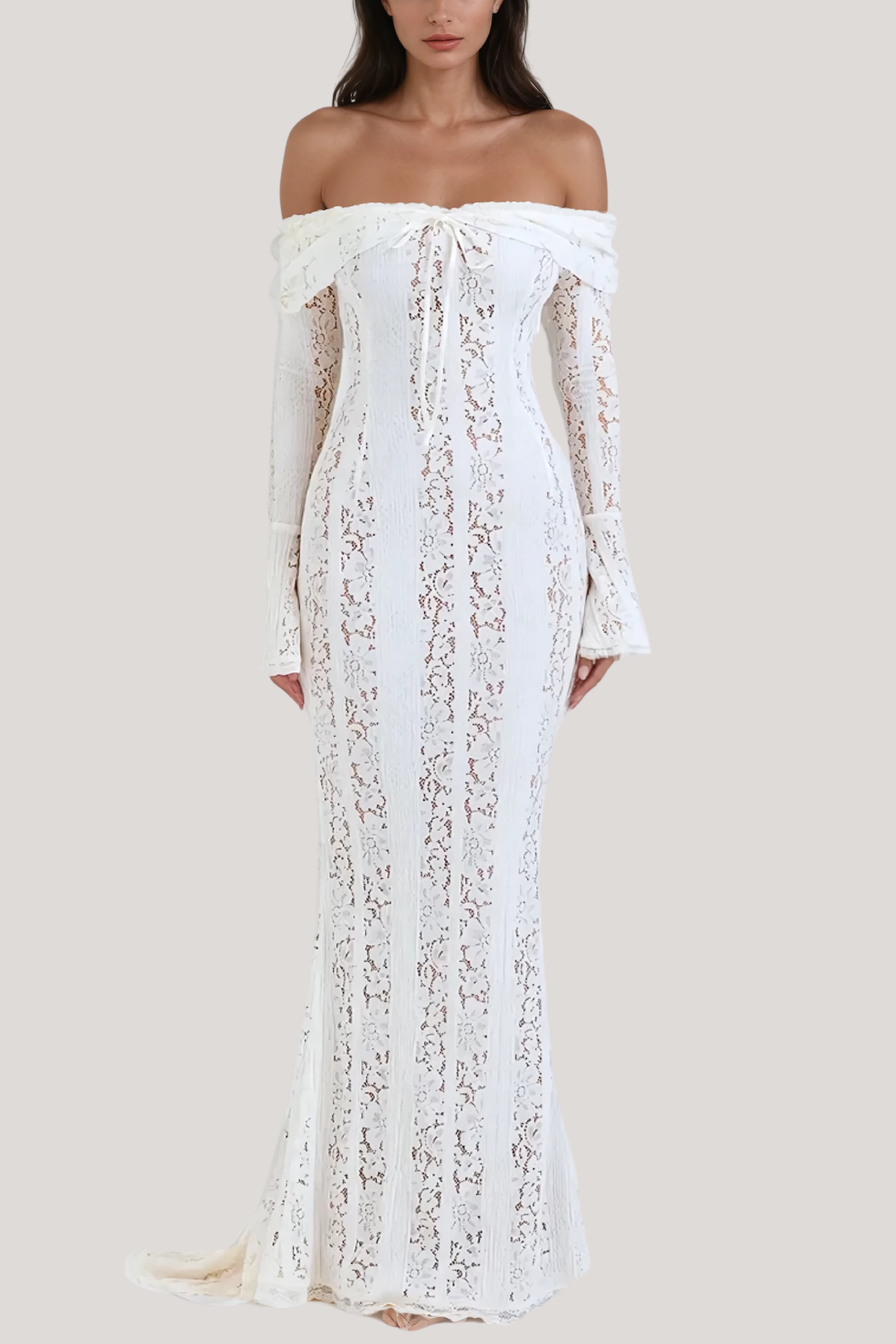 LANA | Schulterfreies Maxikleid mit Spitzenausschnitten