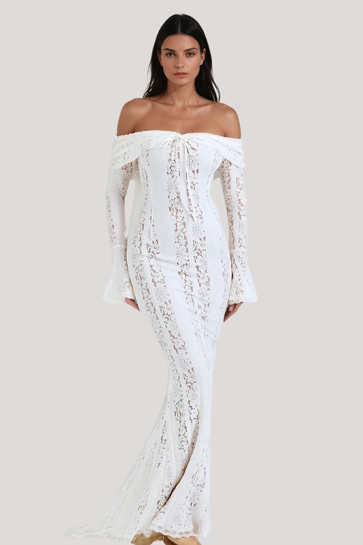 LANA | Schulterfreies Maxikleid mit Spitzenausschnitten