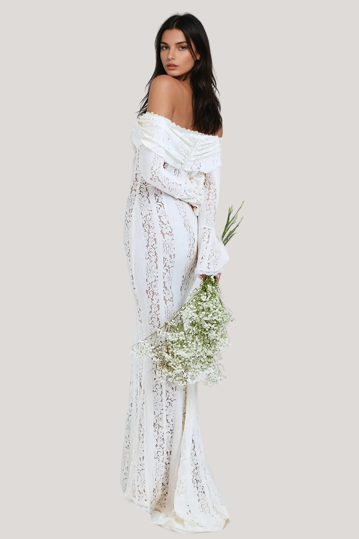 LANA | Schulterfreies Maxikleid mit Spitzenausschnitten