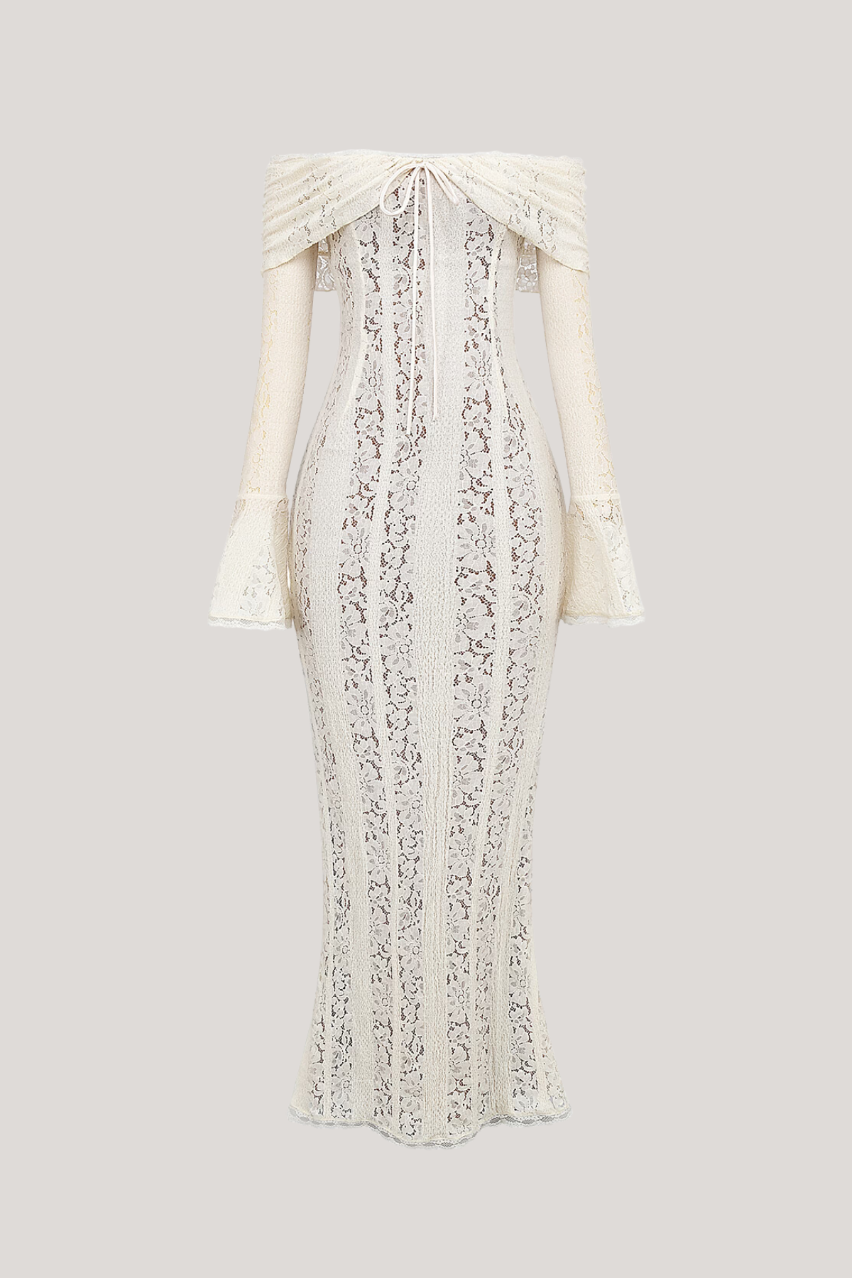 LANA | Schulterfreies Maxikleid mit Spitzenausschnitten
