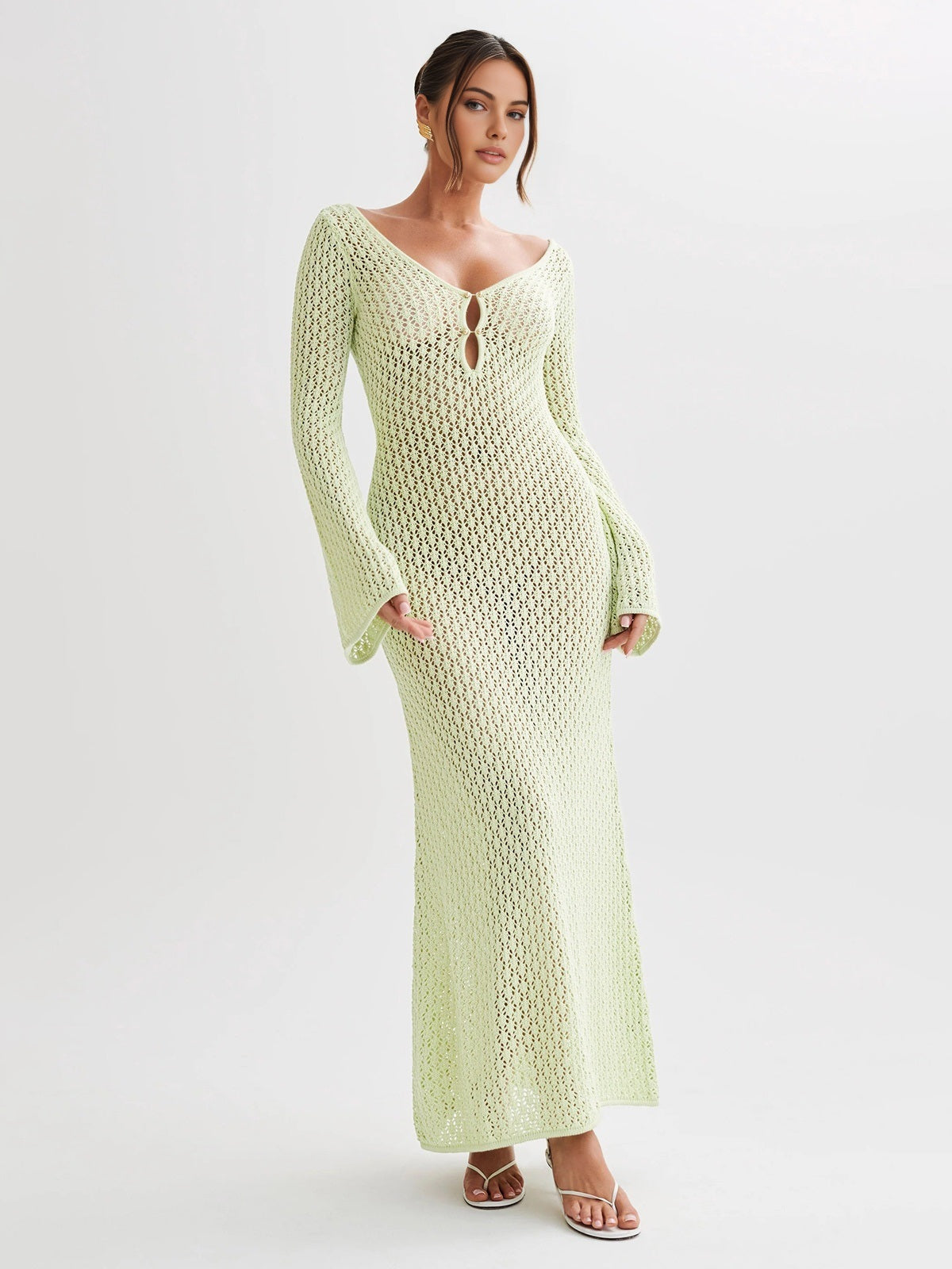Überwurf-Langarmkleid mit offenem Rücken und langer Länge
