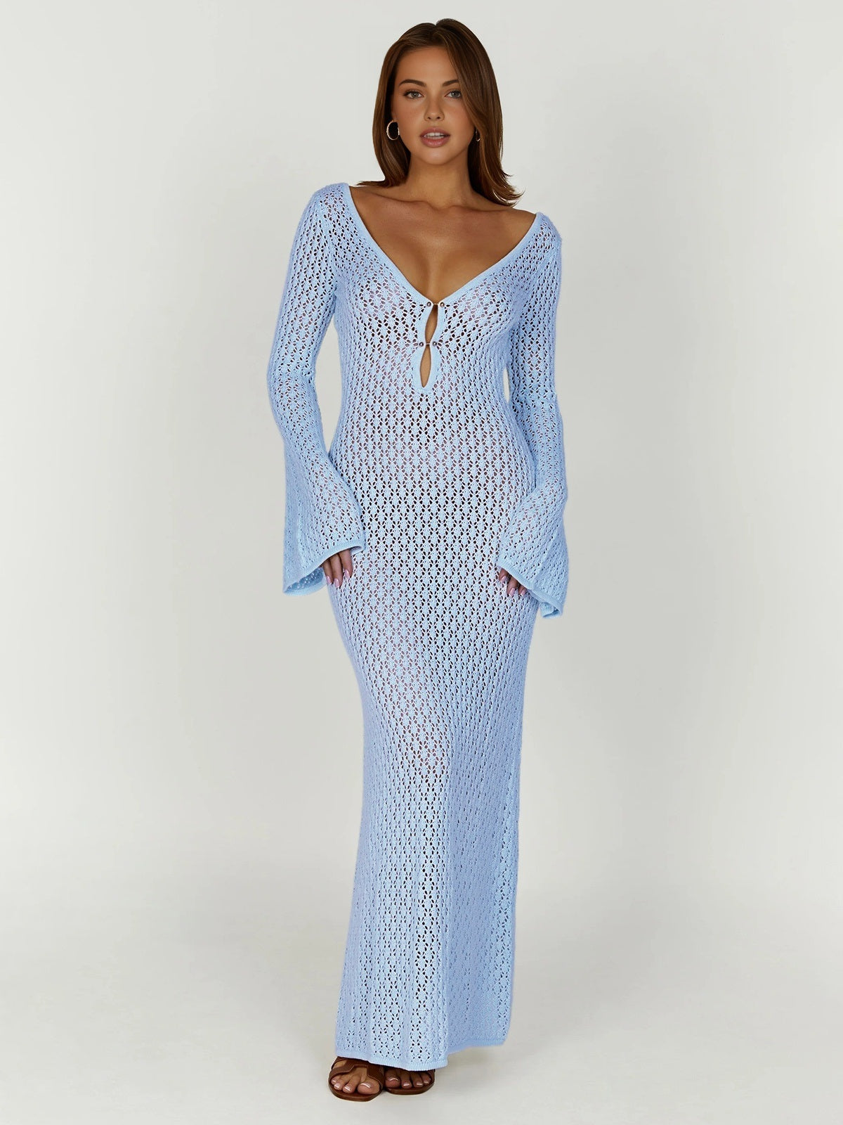 Überwurf-Langarmkleid mit offenem Rücken und langer Länge