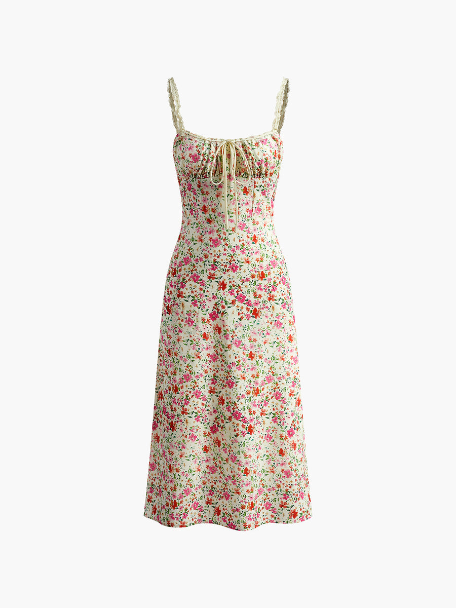Floral Print Sleeveless Midi Dress with Lace Detail