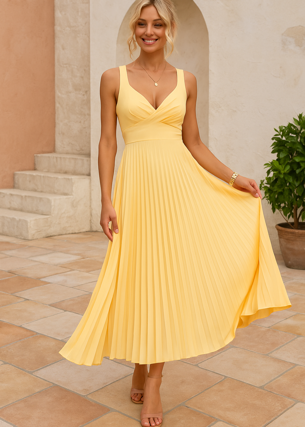 Mabel – Plissiertes Maxikleid mit V-Ausschnitt