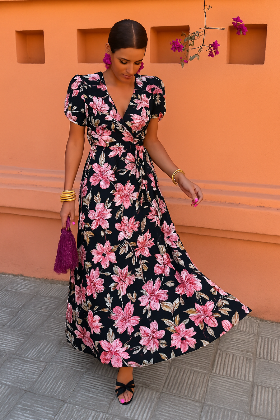 Zoé Printed Midi V-Neck Dress