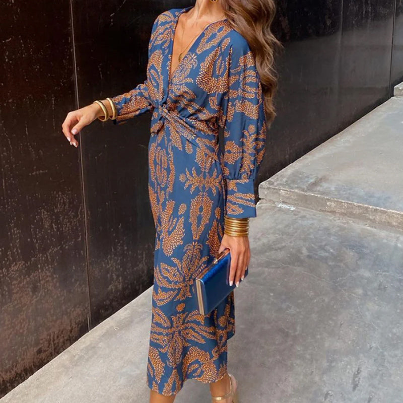 Janella – Vintage Midikleid mit Drapierung und langen Ärmeln