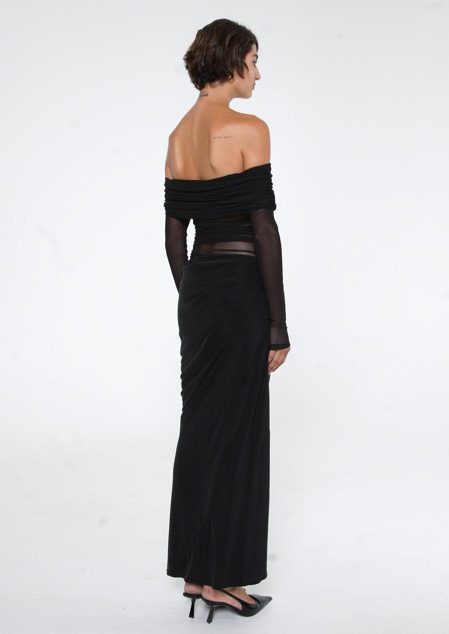Lydia Ruched Mesh Off-Shoulder Draped-Back Maxi Dress