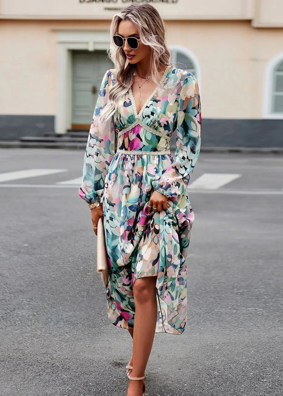 Lara Flattering Floral Print V-Neck Dress for Spring Summer