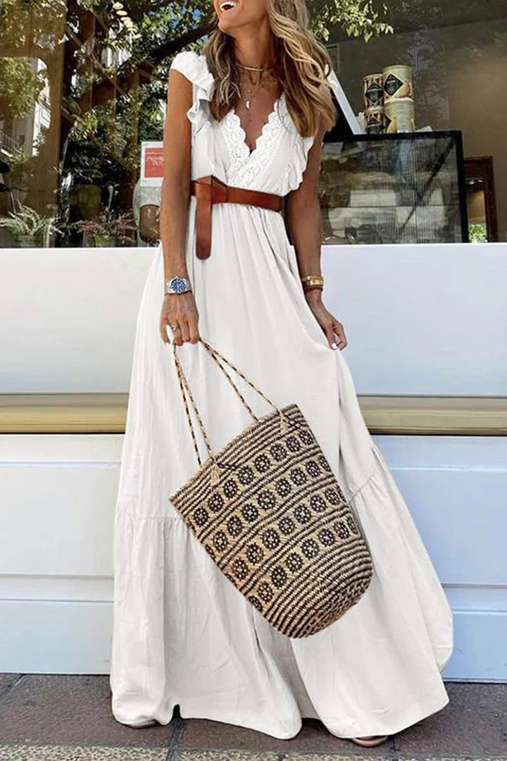 Blanca – Maxikleid aus Spitze mit V-Ausschnitt und Volant