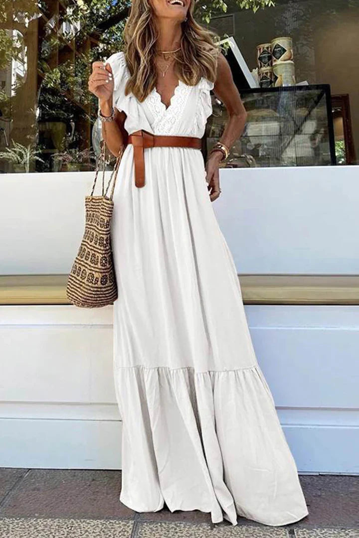 Blanca – Maxikleid aus Spitze mit V-Ausschnitt und Volant