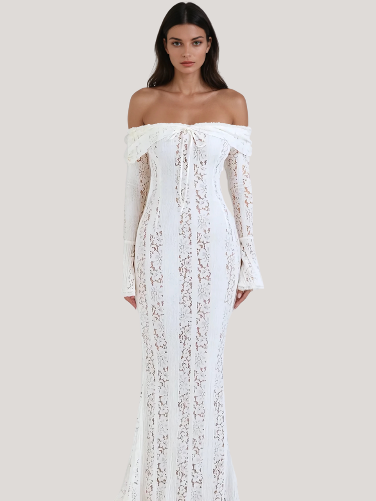 LANA | Schulterfreies Maxikleid mit Spitzenausschnitten