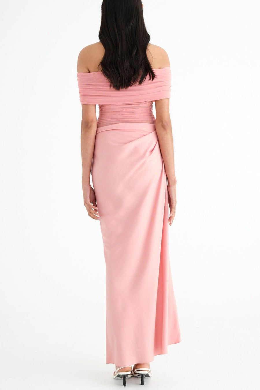 Lydia Ruched Mesh Off-Shoulder Draped-Back Maxi Dress