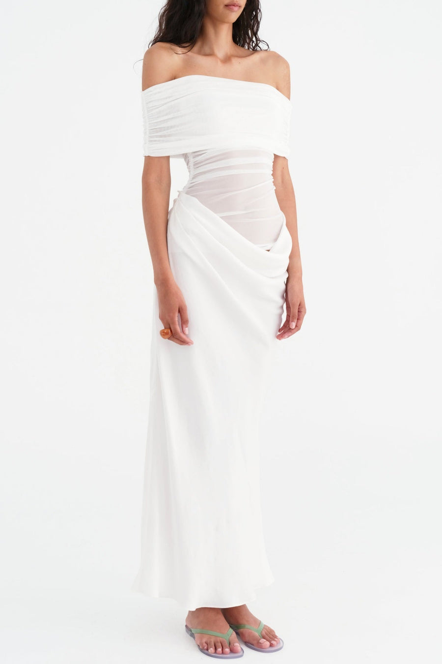 Lydia Ruched Mesh Off-Shoulder Draped-Back Maxi Dress