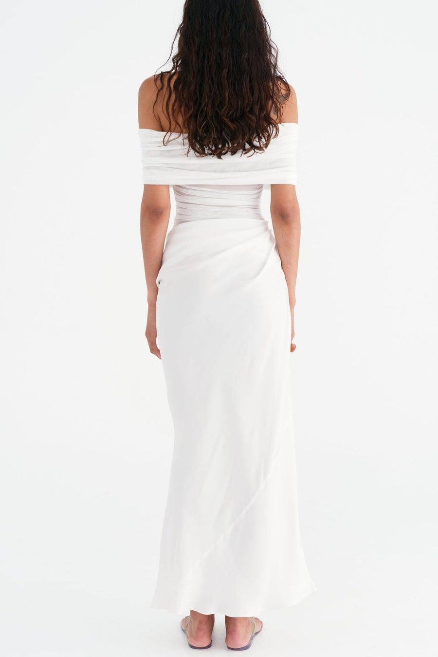 Lydia Ruched Mesh Off-Shoulder Draped-Back Maxi Dress