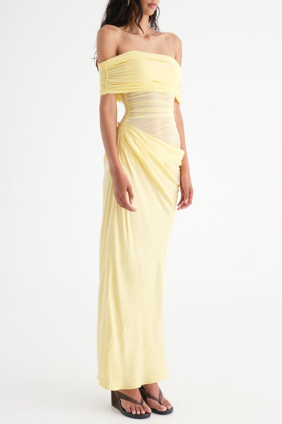 Lydia Ruched Mesh Off-Shoulder Draped-Back Maxi Dress