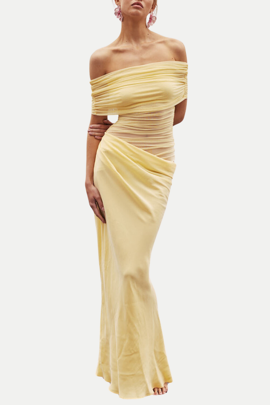 Lydia Ruched Mesh Off-Shoulder Draped-Back Maxi Dress