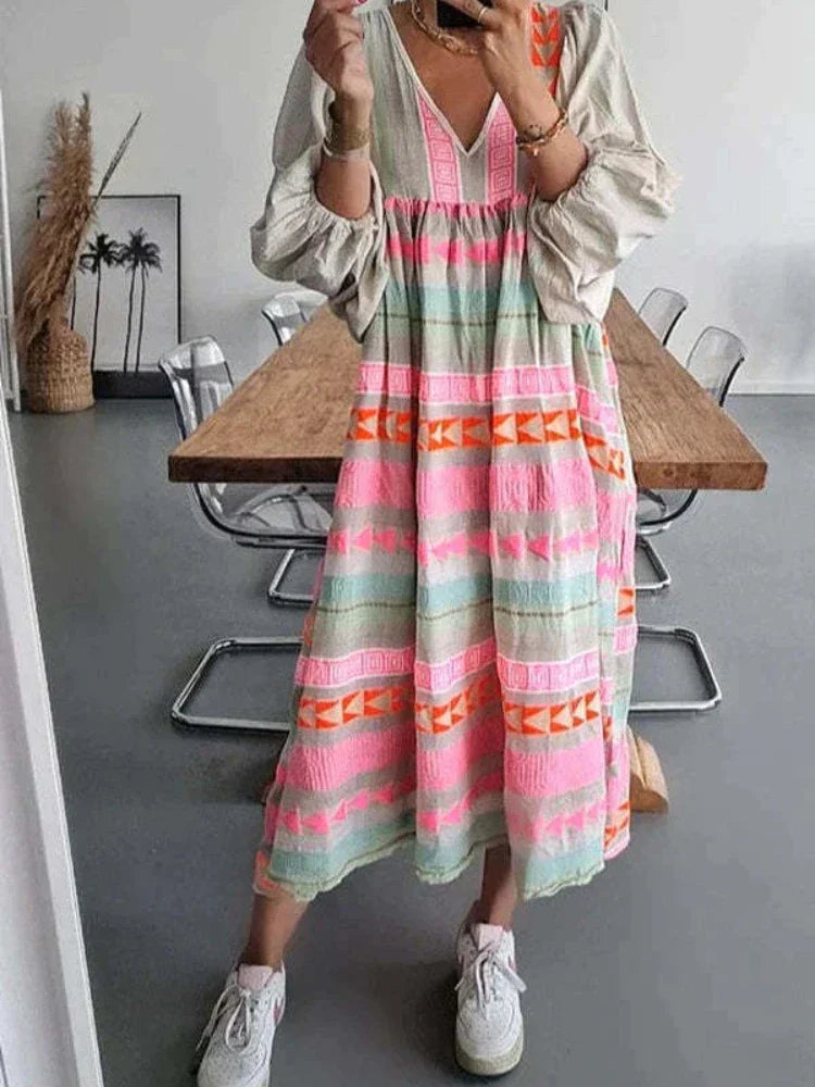 Cassandra | Boho-Print V-Ausschnitt Kleid