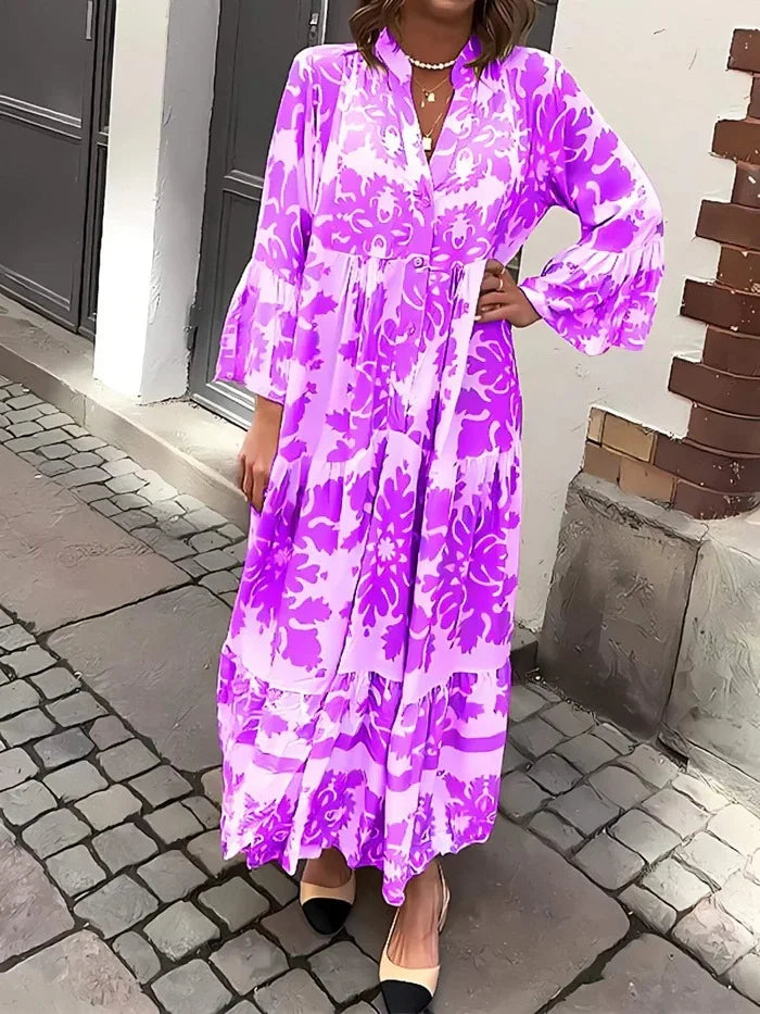 Lila | Maxikleid im Boho-Stil mit V-Ausschnitt und ausgestellten Ärmeln