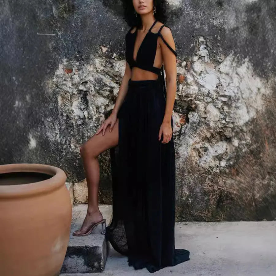 Set aus drapiertem Crop-Top und langem Rock mit Schlitz und dekorativen Kordeldetails