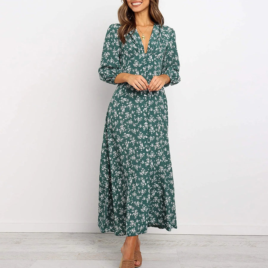 Marina Floral Midi Dress with Button-Front Placket