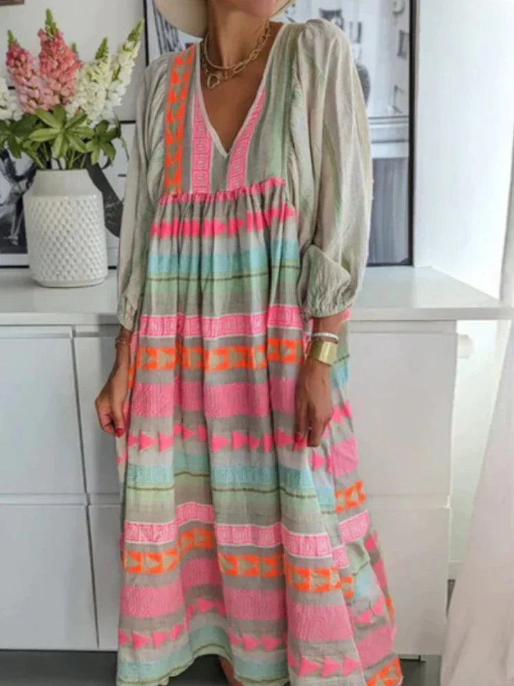 Cassandra | Boho-Print V-Ausschnitt Kleid