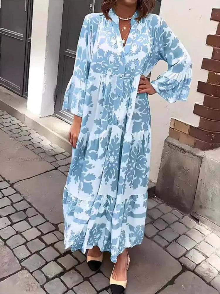 Lila | Maxikleid im Boho-Stil mit V-Ausschnitt und ausgestellten Ärmeln