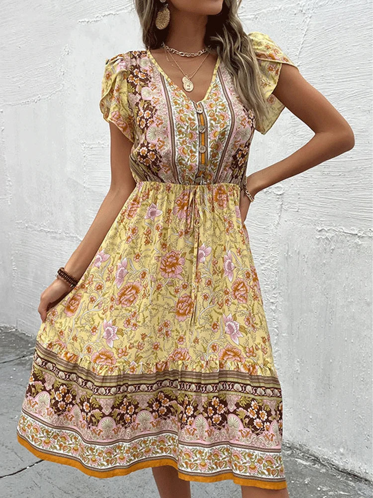 Celia | Grünes Boho-Midikleid mit Blumenmuster