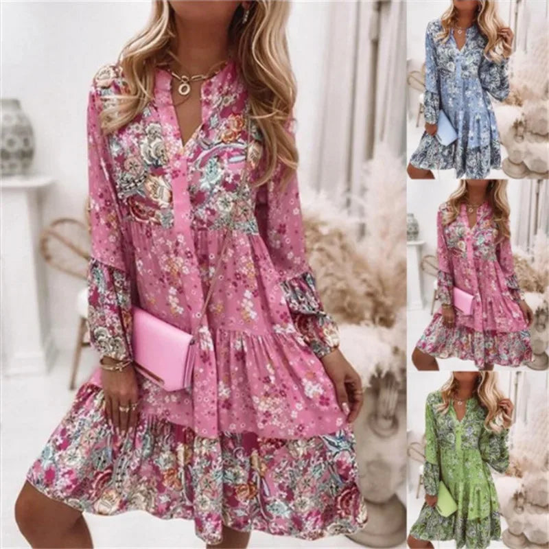 Helena – Blumiges A-Linien-Kleid mit V-Ausschnitt
